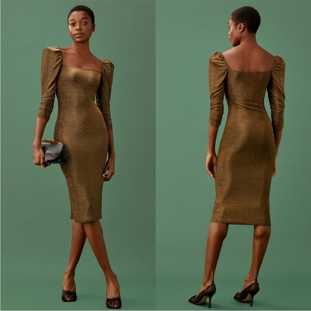 Reformation 'Rahm' Ruched Puff Sleeve Dress in Bronze Sparkle - Picture 4 of 7